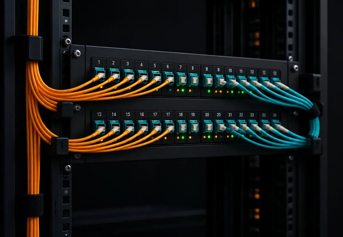 Fibre optique raccordée dans une baie professionnelle